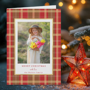 Warm Rustic Red & Gold Plaid Photo Holiday Card