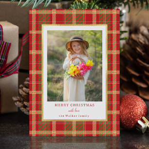 Warm Rustic Red & Gold Plaid Photo Holiday Card