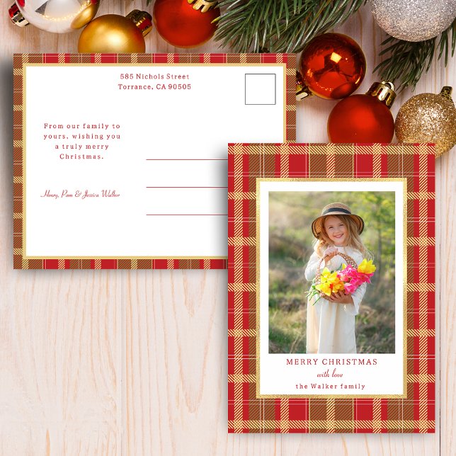 Warm Rustic Red & Gold Plaid Photo Holiday Postcard (Creator Uploaded)