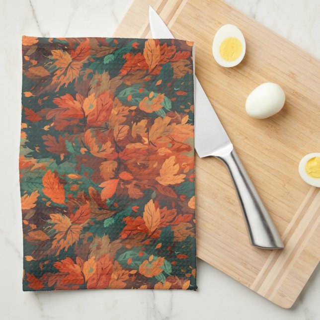 Warm Rustic Watercolor Leaves - Boho Aesthetic Tea Towel (Quarter Fold)
