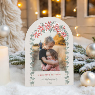 Warm Sage/Peach Christmas Floral Arch Photo Holiday Card