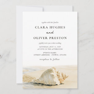 Warm Sand Shell Cream Script Outer Banks Wedding Invitation