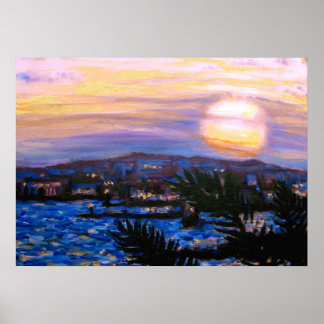 Warm Seas Palm Fronds & Hills Sunset Poster