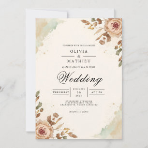 Warm Sepia Floral Accent Wedding Invitation