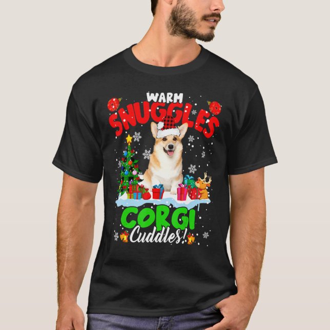 Warm Snuggles Corgi Cuddles Xmas Tree Plaid Santa  T-Shirt (Front)