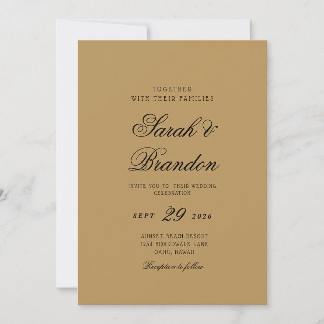 Warm Solid Colour Minimalist Script Wedding Invitation (Front)