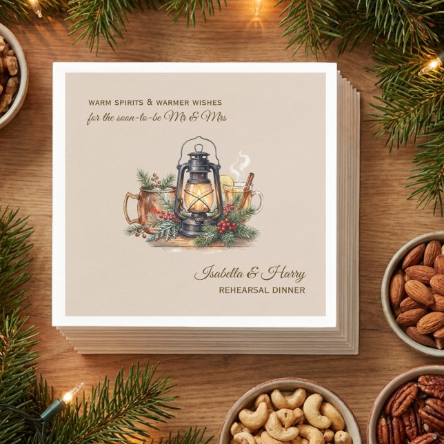 Warm Spirits Winter Lantern Dinner Rehearsal Napkin (Winter Rehearsal Dinner Wedding Shower napkins by Darling & May)