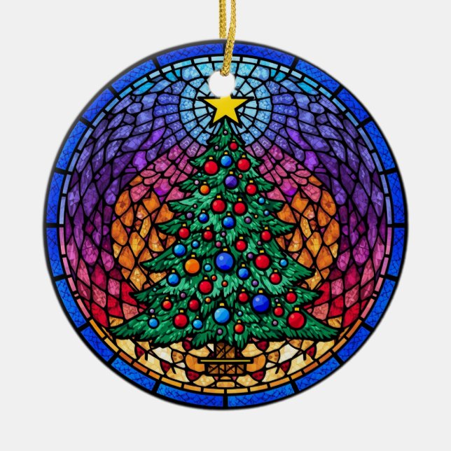 Warm Stained Glass Reindeer Portrait Ceramic Tree Decoration (Front)