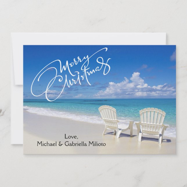Warm Sunny Beach With Chairs Christmas Card (Front)