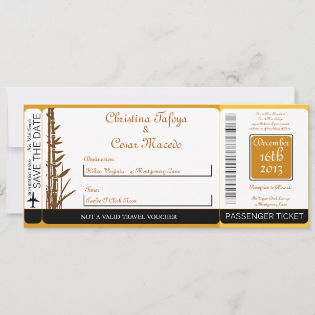 Warm Sunset Boarding Pass Wedding Invitation (Front)