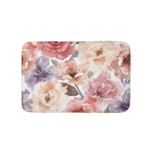 Warm Sunset Peony Watercolor Rose Floral Bath Mat