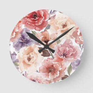 Warm Sunset Peony Watercolor Rose Floral Round Clock