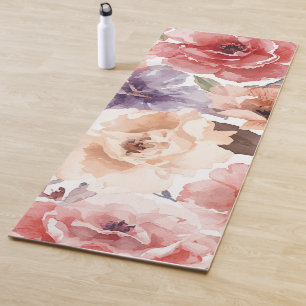 Warm Sunset Peony Watercolor Rose Floral Yoga Mat