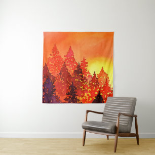 Warm Sunset Watercolor Trees Tapestry
