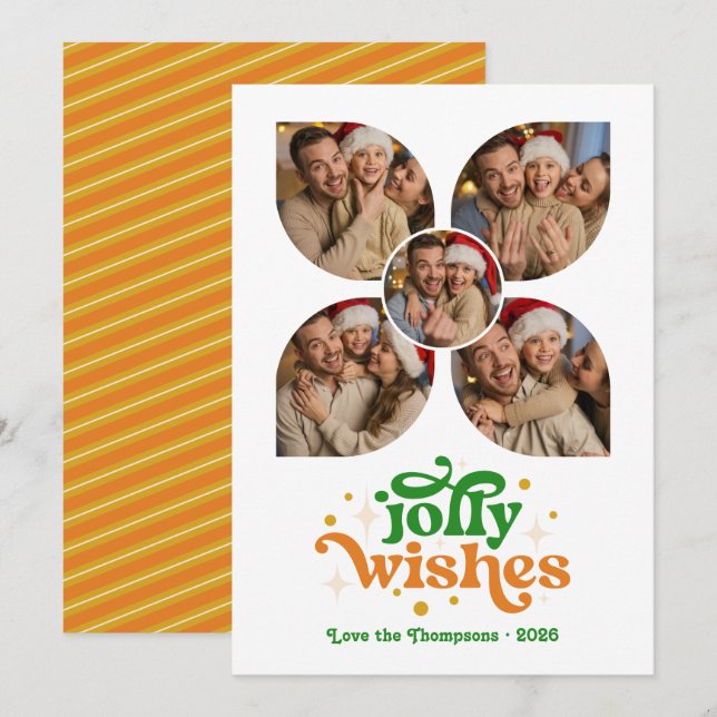 Warm Tangerine Spice Retro Photo Collage Christmas Holiday Card (Front/Back)
