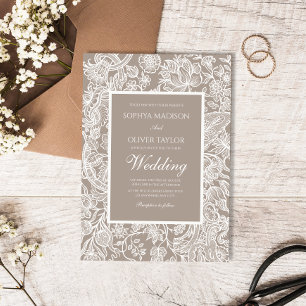 Warm Taupe Beige   Line Art Wildflower Invitation