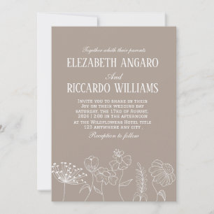 Warm Taupe Beige  Terracotta Line Art Wildflower Invitation