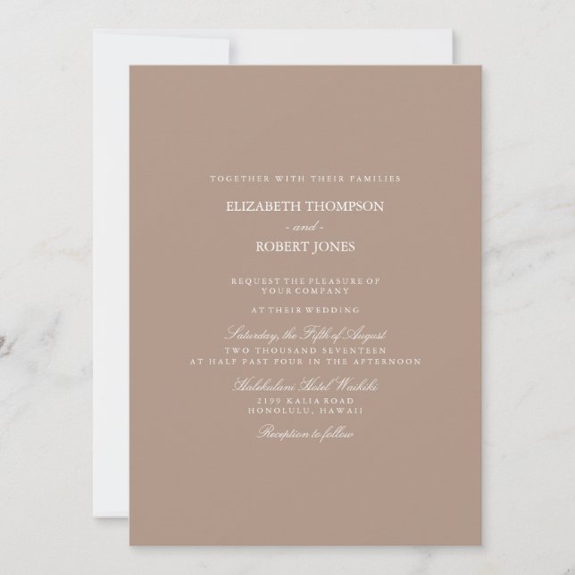 Warm Taupe Beige with White Wedding Detail Invitation (Front)