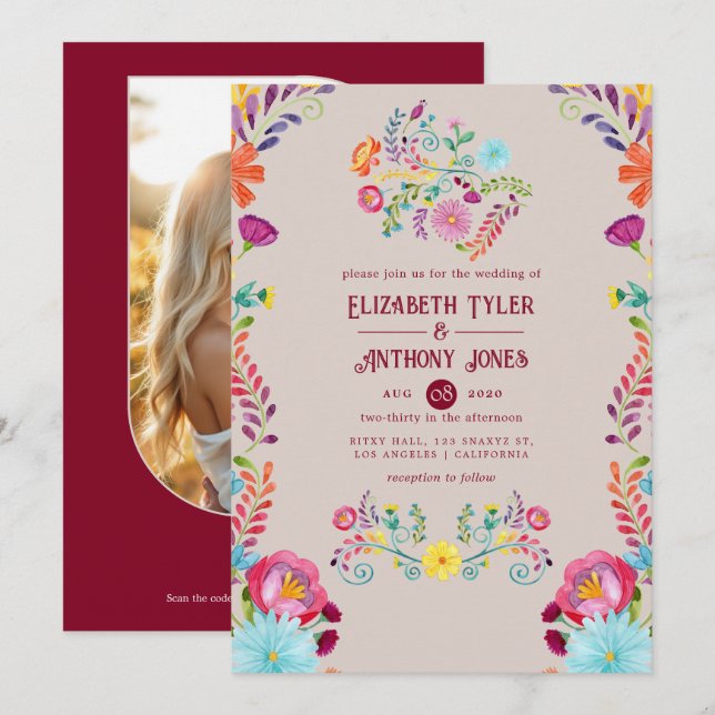 Warm Taupe/Burgundy Floral Mexican Fiesta Wedding Invitation (Front/Back)
