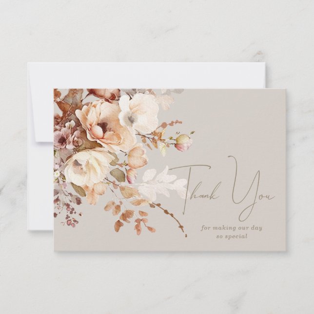 Warm Taupe Floral Thank You Note Card (Front)