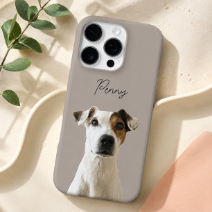 Warm Taupe Modern Dog Photo and Script Pet Name iPhone 16 Pro Case