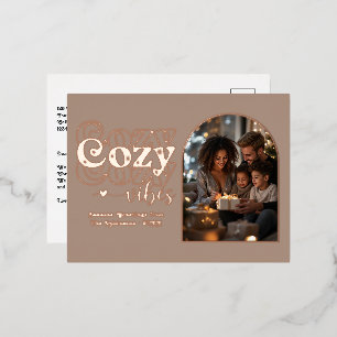 Warm Taupe & Rose Gold Cosy Vibes Retro Christmas Foil Holiday Postcard