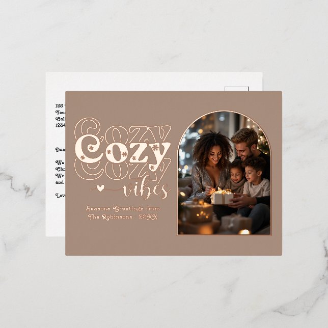 Warm Taupe & Rose Gold Cosy Vibes Retro Christmas Foil Holiday Postcard (Front/Back)