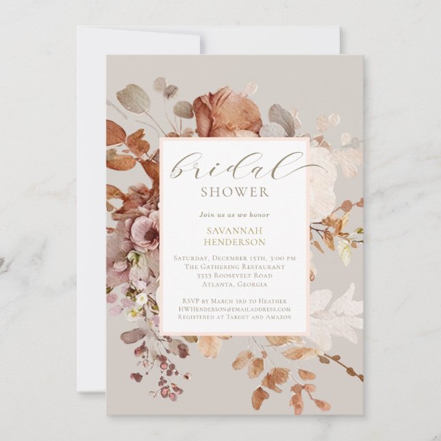 Warm Taupe Terracotta Floral Bridal Shower Invitation (Front)