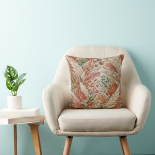 Warm Terracotta Boho Botanical Pampas Pattern Cushion