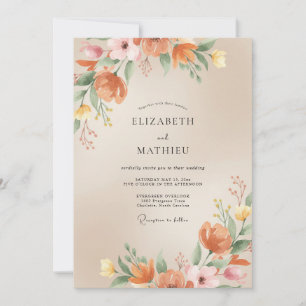 Warm Terracotta Painted Leaf Wedding Invitation