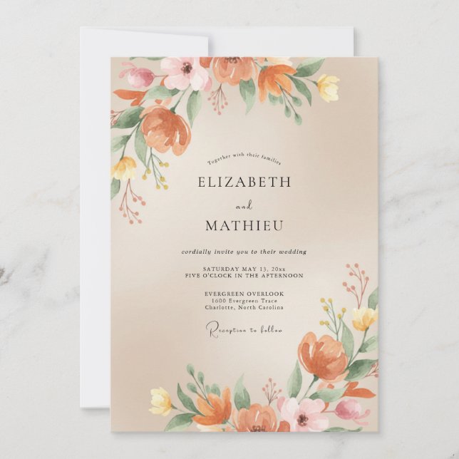 Warm Terracotta Painted Leaf Wedding Invitation (Front)