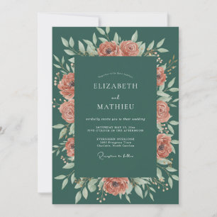 Warm Terracotta Teal Leafy Wedding Invitation