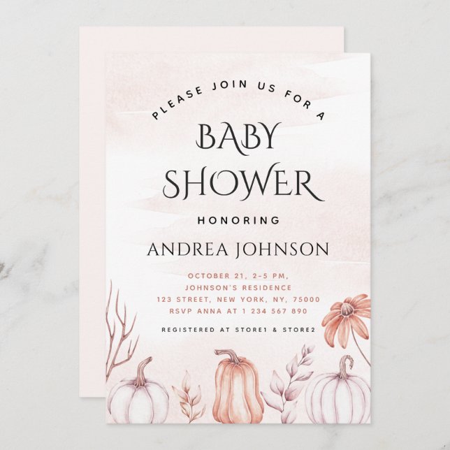 Warm Tone Blush Pumpkin Fall Autumn Baby Shower Invitation (Front/Back)