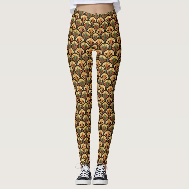 Warm-Toned Art Deco Fan Patterned Leggings (Front)