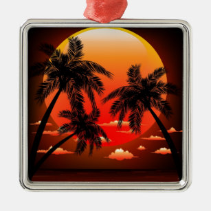 Warm Topical Sunset and Palm Trees Metal Tree Decoration