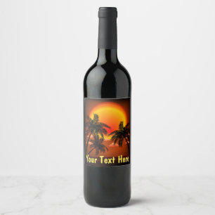 Warm Topical Sunset and Palm Trees Wine Label