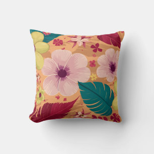 Warm Tropical Floral with Red and Green Leaves Cushion
