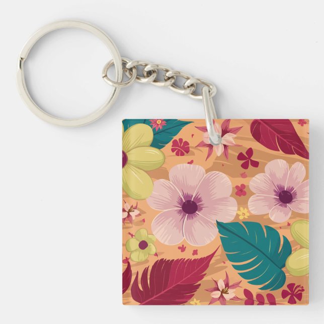 Warm Tropical Floral with Red and Green Leaves Key Ring (Front)