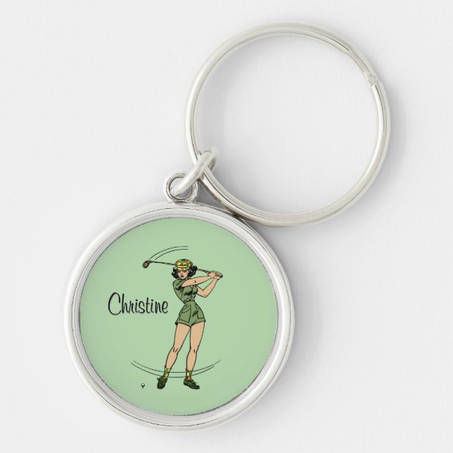 Warm Up for Golfing Personal Lady Golfer Green Key Ring (Front)