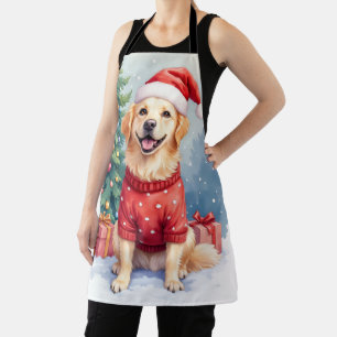 Warm Watercolor Golden Retriever Christmas Tree Apron