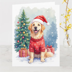 Warm Watercolor Golden Retriever Christmas Tree Card