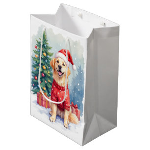 Warm Watercolor Golden Retriever Christmas Tree Medium Gift Bag