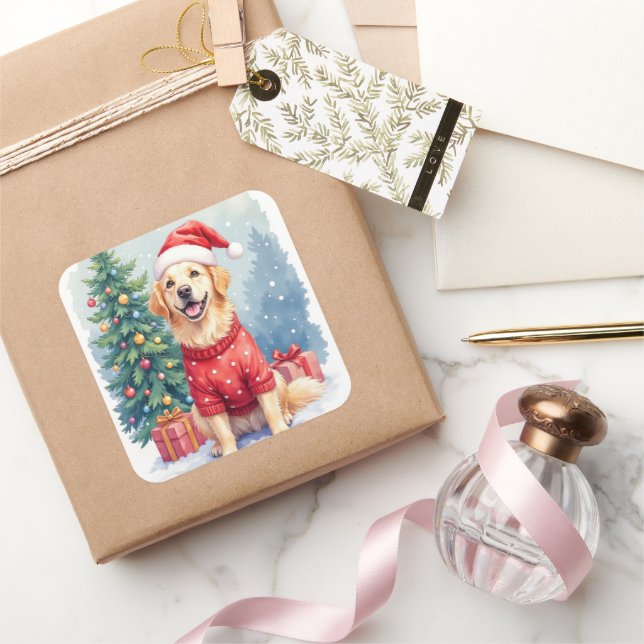 Warm Watercolor Golden Retriever Christmas Tree Square Sticker (Gifting)