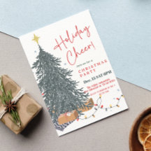 Warm watercolor pine tree holiday party invitation