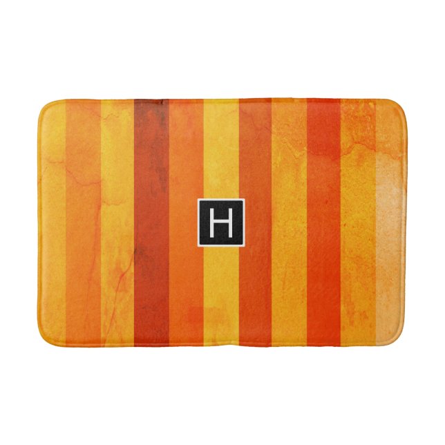 Warm Weathered Orange Red Stripes Monogram Bath Mat (Front)