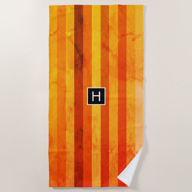 Warm Weathered Orange Red Stripes Monogram Beach Towel (Front)