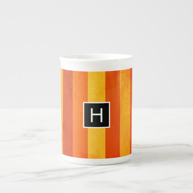 Warm Weathered Orange Red Stripes Monogram Bone China Mug (Front)