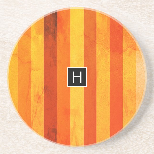 Warm Weathered Orange Red Stripes Monogram Coaster (Front)
