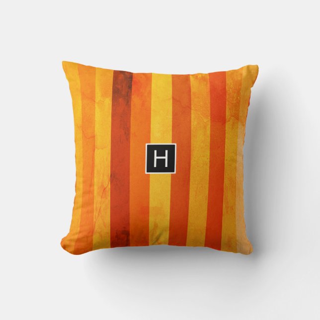 Warm Weathered Orange Red Stripes Monogram Cushion (Front)