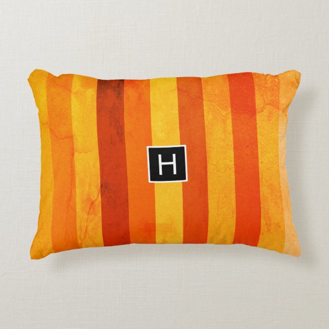 Warm Weathered Orange Red Stripes Monogram Decorative Cushion (Front)